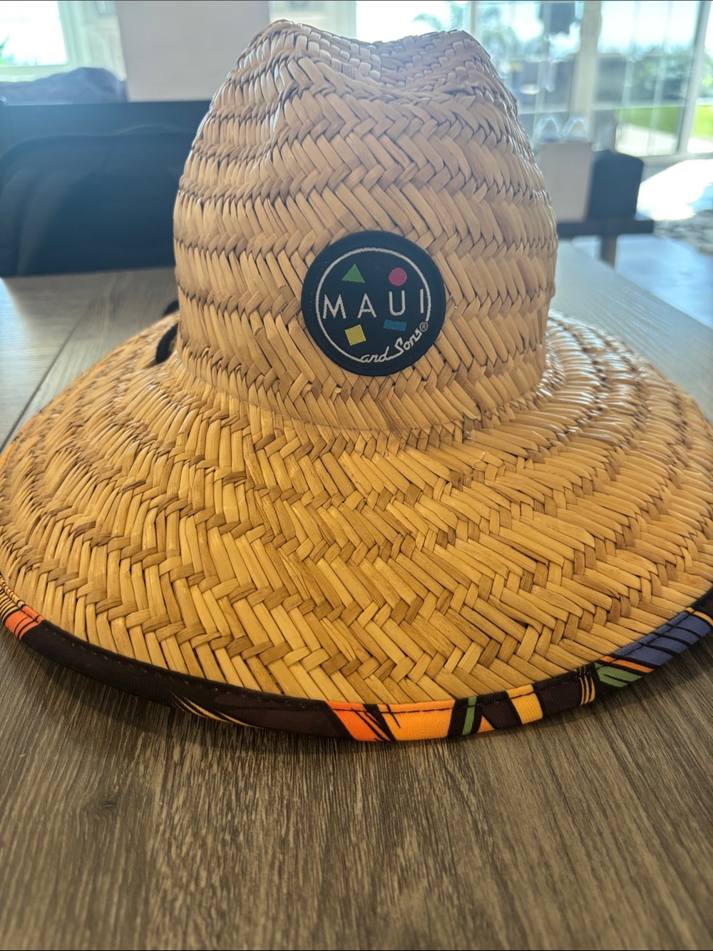 Maui and Sons Natural Straw Hat with Black Logo Patch and Multicolor Trim